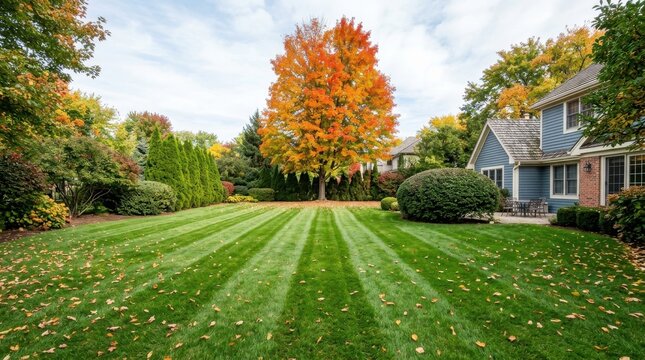 Autumn landscape featuring vibrant orange maple tree and manicured green lawn in backyard setting.