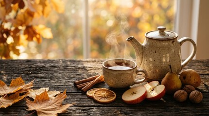 Fototapeta premium Autumn tea service with teapot, pear, and apple on wooden table.