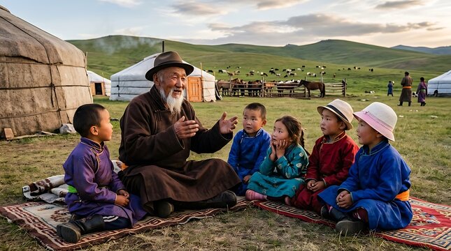 Senior mongolian man telling traditional stories to children by yurts