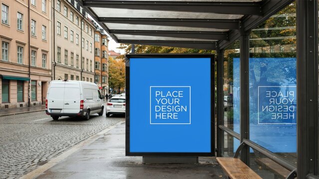 Bus stop billboard mockup with empty blue display on city street