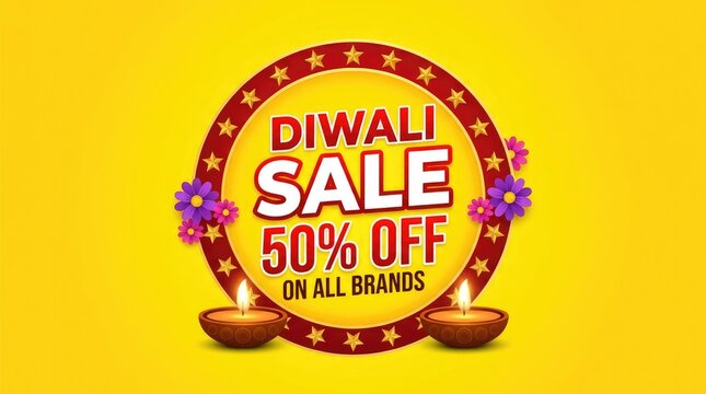 Diwali sale 50% off on all brands festive discount banner design with holiday sale text design price cut limited time graphic design holiday theme consumer goods