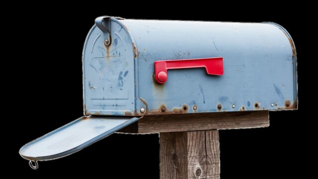 Old weathered blue metal mailbox on a wooden post