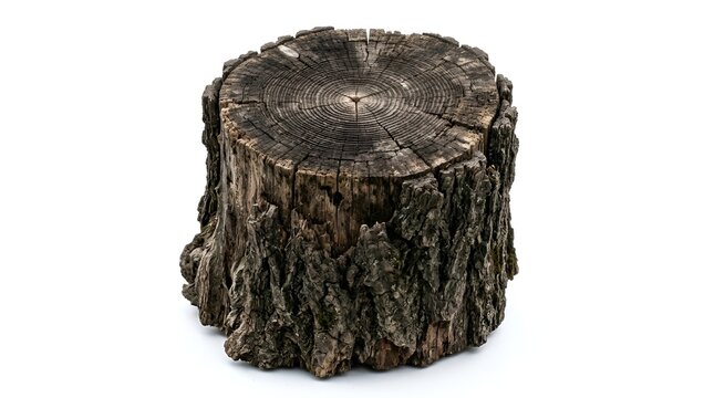 Tree Stump with Rough Textured Bark and Flat Cut Surface Showing Visible Growth Rings on White Background &ndash; Natural Wooden Cross-Section from Mature Tree, Rustic Organic