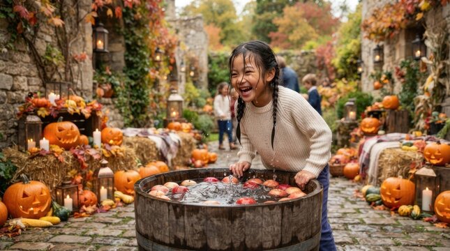 Joyful child bobbing for apples amidst a festive Halloween pumpkin patch scene