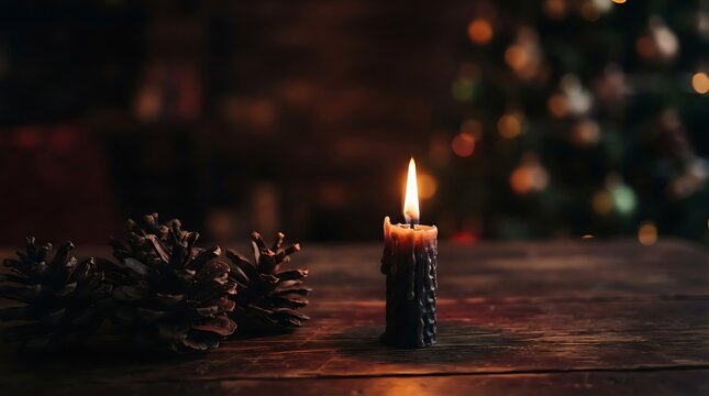 Burning candle with pinecones on rustic wooden table against blurred Christmas tree bokeh background for holiday festive web hero design