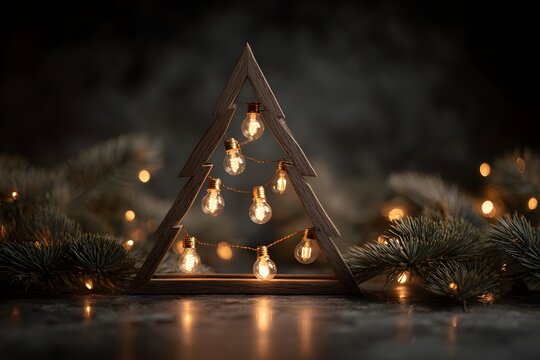 Wooden triangular Christmas tree frame with glowing bulbs