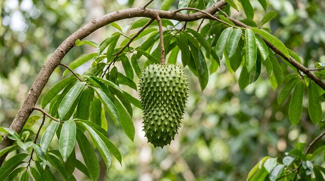 Fresh green soursop fruit on tropical tree branch.