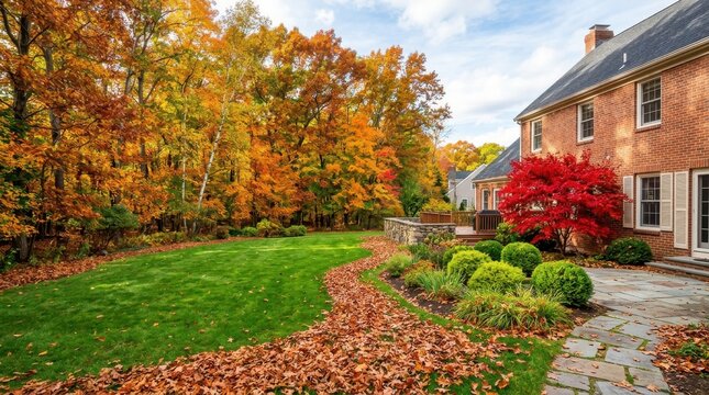 Beautiful brick house with landscaped garden and autumn foliage in residential backyard.
