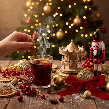 Cozy Winter Evening at Home with Steaming Mulled Wine, Red Velvet Bow and Vintage Nutcracker for Holiday Stories