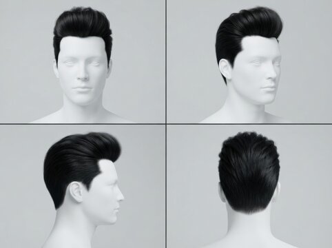 Set of four views of a male mannequin head showing professional pompadour hairstyle