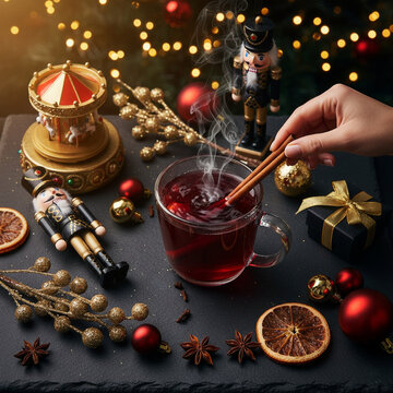Preparing Hot Spiced Punch with Cinnamon Sticks and Anise Stars on Slate Table for Christmas Party Hosting Content