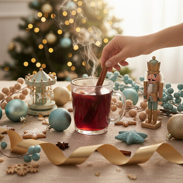 Woman Stirring Hot Mulled Wine on Table with Turquoise Baubles and Gold Ribbon for Modern Christmas Lifestyle Posts