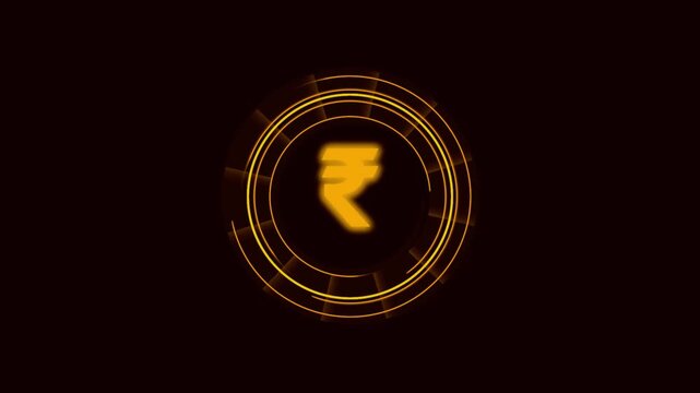 Glowing indian rupee currency symbol rotating in futuristic golden circular digital ring.