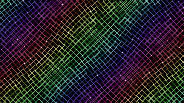 Rainbow neon grid pattern with glowing sparkles moving across dark digital background.