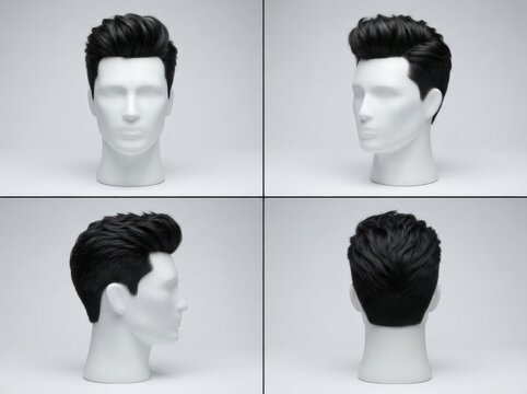 Set of mannequin heads displaying trendy mens hairstyles from multiple different angles