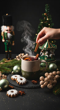Vertical View of Hand Stirring Steaming Mulled Wine with Nutcracker and Carousel for Social Media Stories