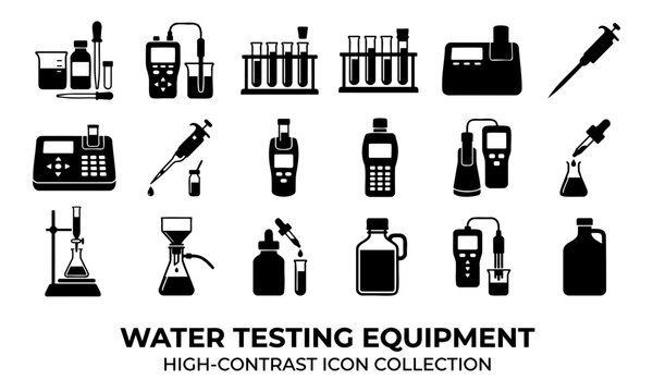 Water testing equipment icons set for laboratory analysis
