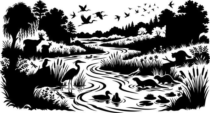 Black and white nature landscape with animals by river