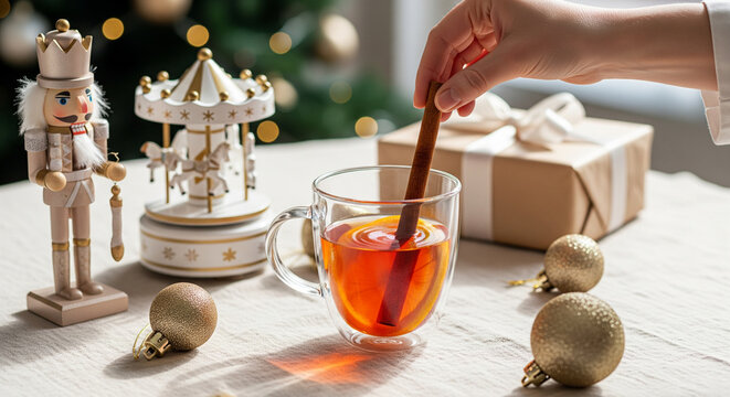 Glass Cup of Hot Spice Tea with Cinnamon Stick, White Carousel and Cream Nutcracker for Bright Holiday Campaigns