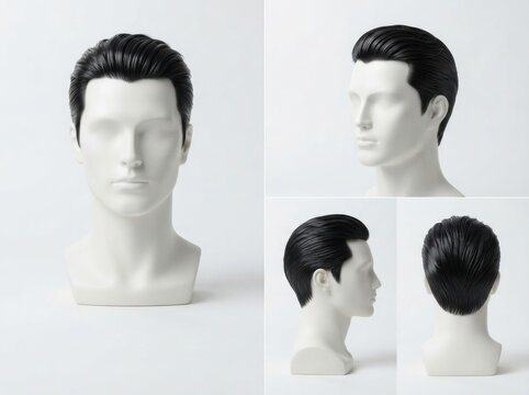 White male mannequin head showing different angles of classic pompadour hairstyle