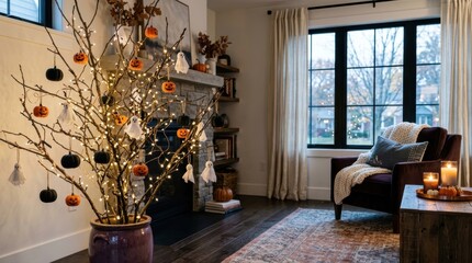 Fototapeta premium Cozy living room decorated for Halloween with a spooky tree and warm lighting