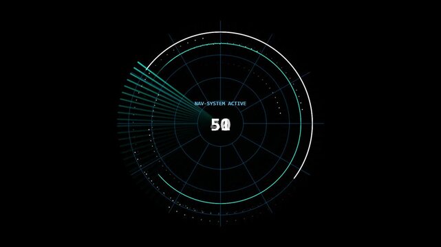 Circular radar navigation interface with rising digital data numbers on black screen.