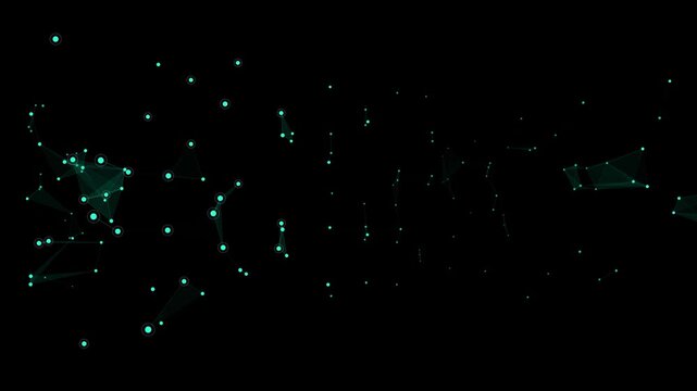 Abstract plexus network nodes connecting dots with lines on dark black digital screen.