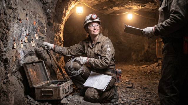 Woman Charge Up Technician Connecting Detonator Leads at a Drilled Rock Face, Blasting Pattern Plan, Underground Mine Explosives Work, Female Specialist, Mine Safety