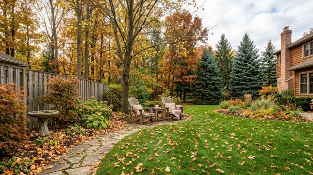 Serene backyard with autumn trees and two wooden chairs on stone patio.