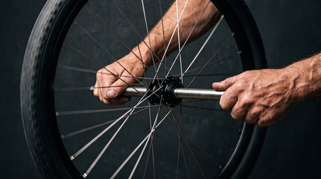 Hands guide a spinning bicycle wheel through angular momentum
