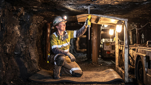 Woman Roof Bolter Operator Installing Resin Roof Bolts in a Low Coal Gallery, Ground Support Underground, Mining Safety, Female Mine Worker, Coal Mining Industry