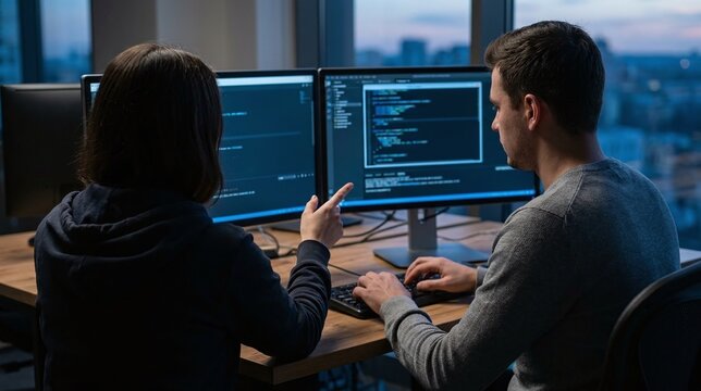 Two software developers pair programming at a shared desk at dusk
