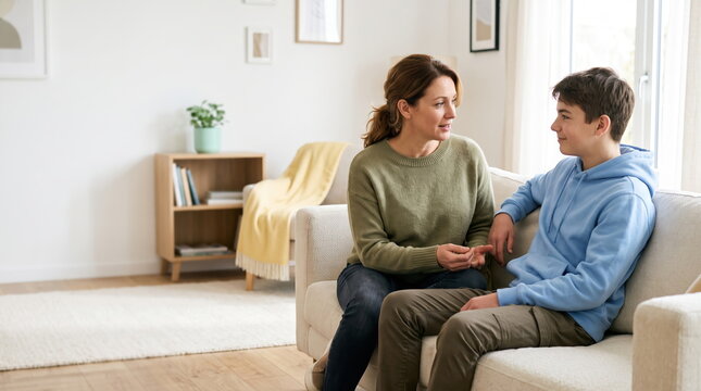Authentic sibling connection: mother and son talking together