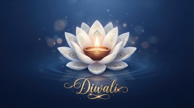 Diwali celebration with glowing white lotus flower floating on dark water surface dark background floating celebration festival illumination tradition spiritual