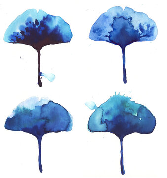 Ginkgo, silueta de hojas de ginkgo pintadas con acuarela en tonos azules, hecho a mano