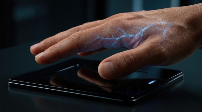 Human hand undergoing biometrics vein scanning for cybersecurity verification, showing glowing blue vascular pattern above electronic reader device during advanced identity authentication process.