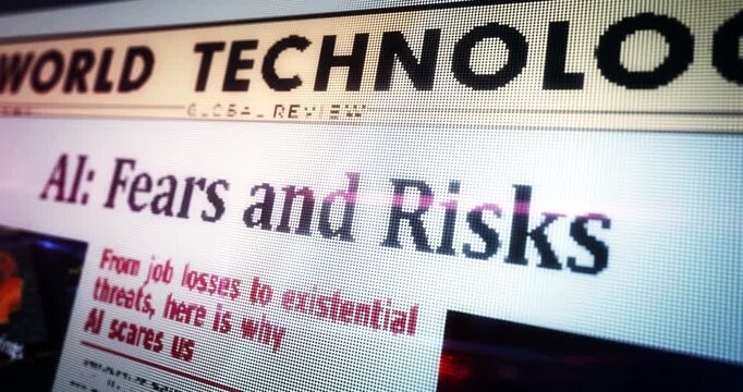 Fears and risks of AI daily newspaper reading on mobile tablet computer screen. Touch screen with headlines news abstract concept 3d.