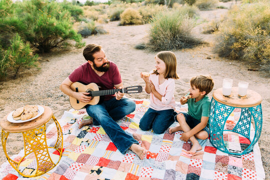 Father and Children having a Picnic and Playing Guitar