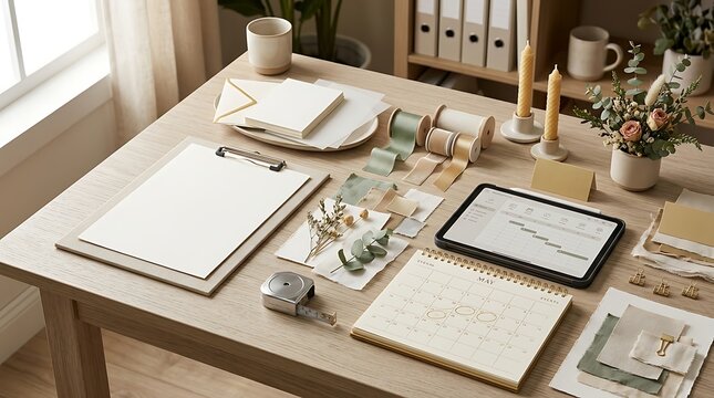 Creative flat lay workspace with stationery notebook tablet office supplies on a wooden desk setup bullet journal art supplies home office