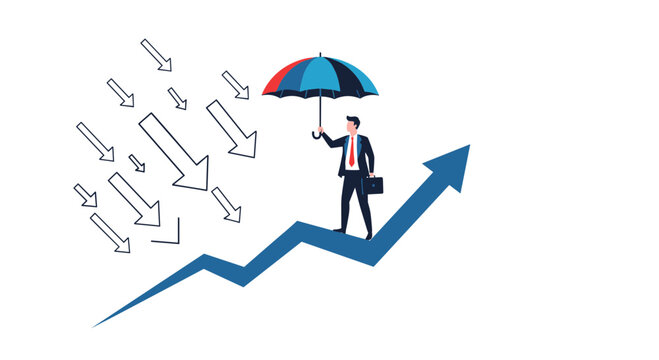 Successful businessman stands on an upward trending arrow using an umbrella to shield himself from falling market risks.