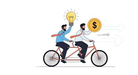 Naklejka premium Two business partners riding a tandem bicycle together with one holding a bright idea lightbulb and the other holding a gold dollar coin.