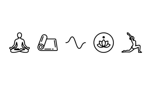 Illustrated icon sequence combines meditation, remote work, and fitness into a cohesive productivity flow.
