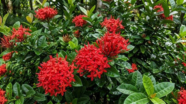Clusters Of Brilliant Scarlet Red West Indian Jasmine Flowers Shines Brightly Among Dense Glossy Green Foliage In Tropical Botanical Display ixora flower background red orange tropical blossom bloom