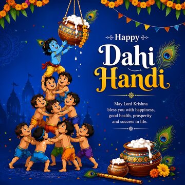 Happy dahi handi festival hindu celebration vector art and greeting