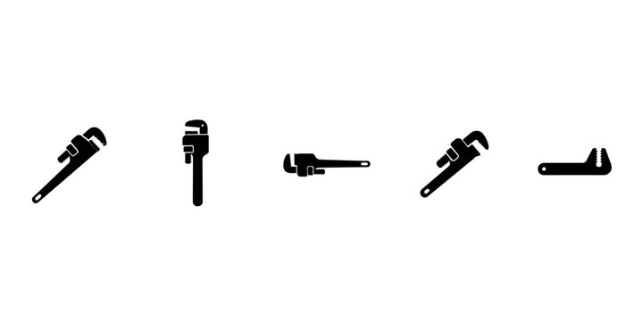 Collection of five black silhouette depicting various styles of adjustable pipe wrenches used for plumbing and heavy duty mechanical repairs