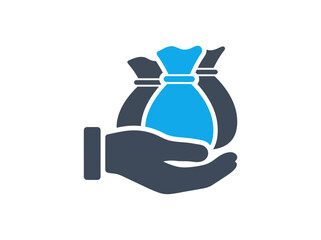 Fototapeta premium Hand holding money bags icon representing financial savings and investment growth.