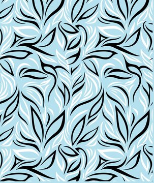 Abstract seamless leaf pattern vector background in light blue and black