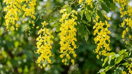 Obraz premium Vibrant yellow golden shower tree flowers blooming on delicate hanging branches in bright natural sunlight against a soft green backdrop flower yellow bloom blossom gold golden spring summer nature
