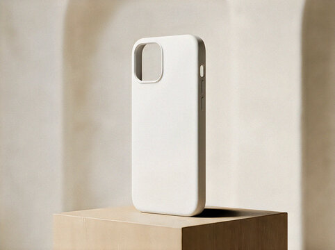 A contemporary smartphone secured within a durable protective case is positioned standing vertically on a natural wood surface before a simple neutral colored wall
