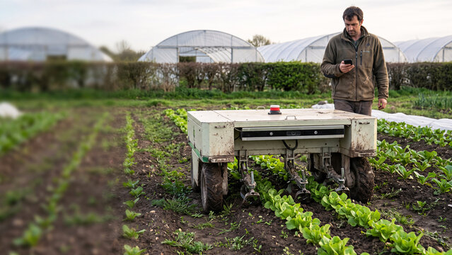 Autonomous Electric Weeding Robot Straddling a Row of Young Lettuce in a Market Garden With Camera Bar and Hoe Blades, a Grower Watching, Precision Agriculture Robotics
